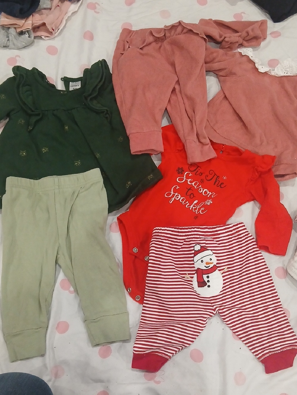 Little Lass Green Ruffle Top and Red Snowman Stripe Pant Set